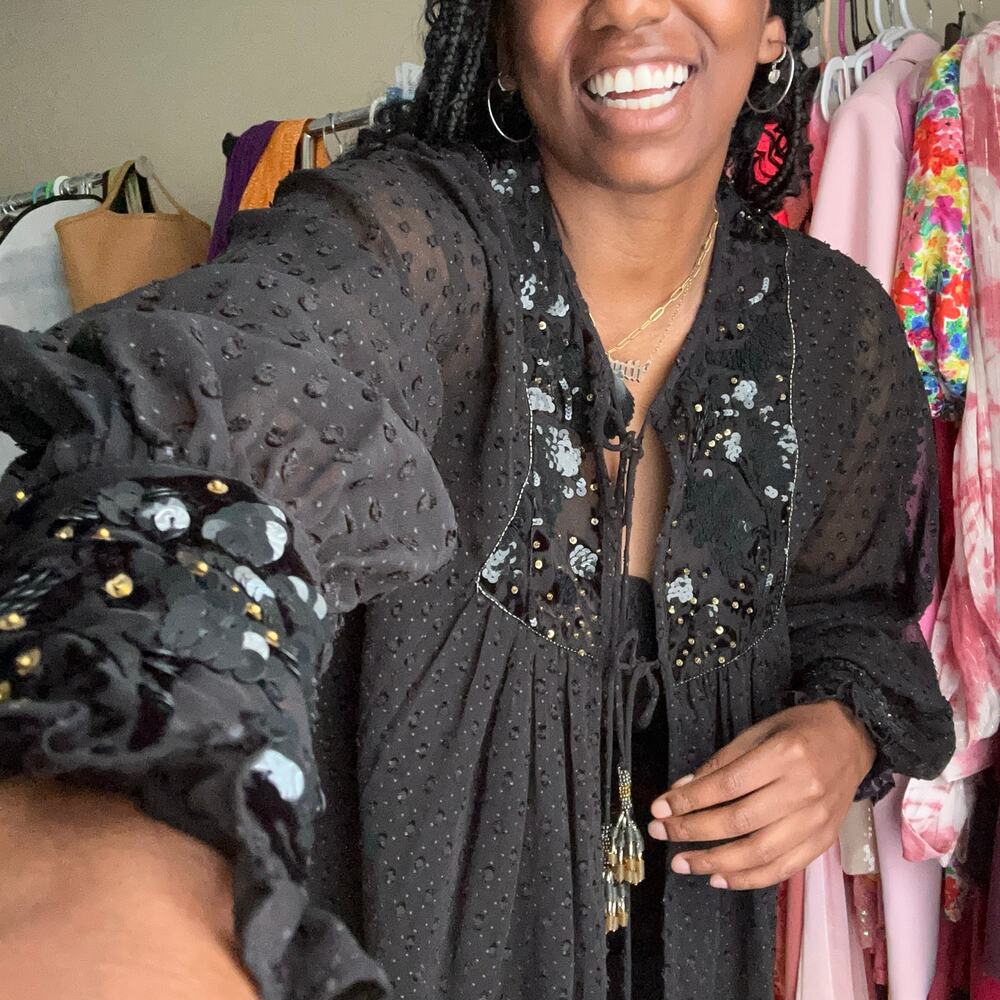 Zara Black Semi Sheer Sequin Beaded Boho Top Size Medium
